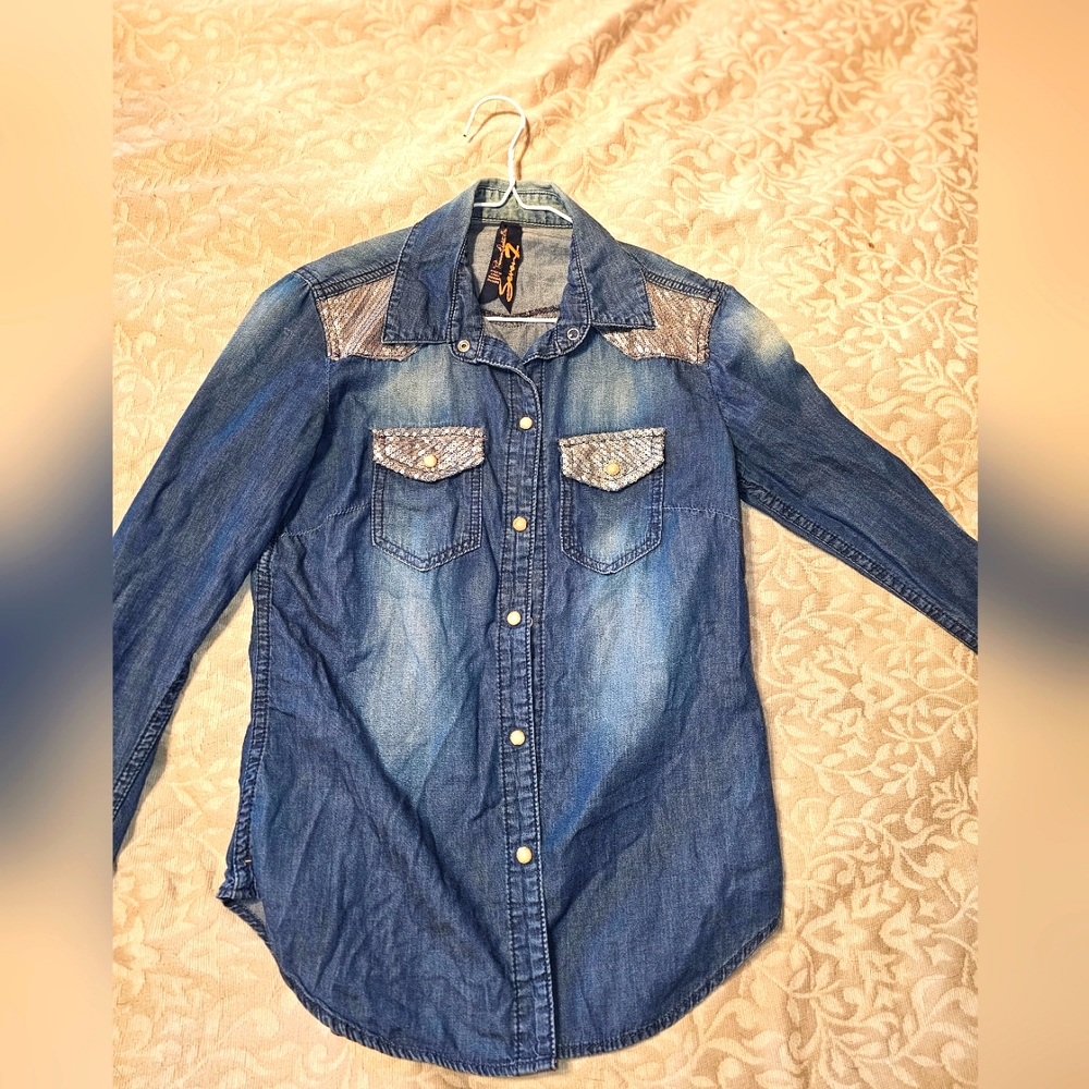 Seven 7  Denim button top with silver sequin details